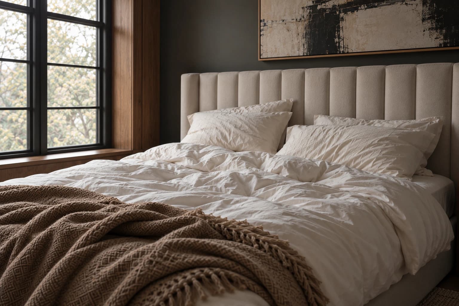 Puffy concept bedroom with a naturally made bed and dark timber walls.