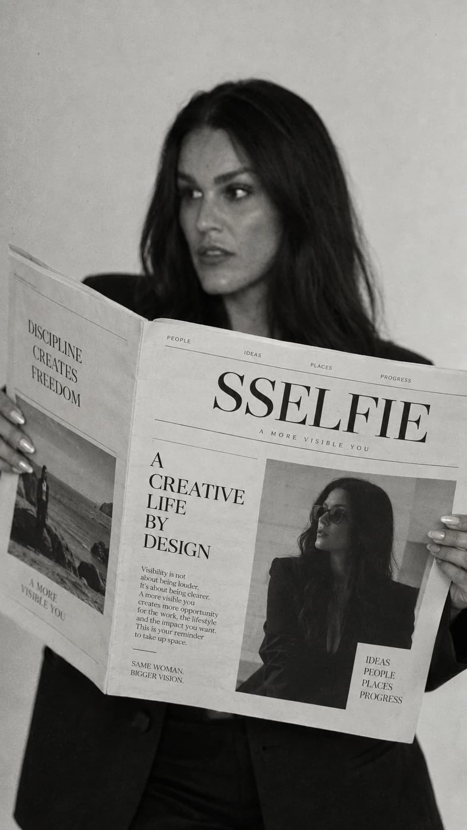 Black-and-white AI editorial image of Sandra holding a SSELFIE newspaper.