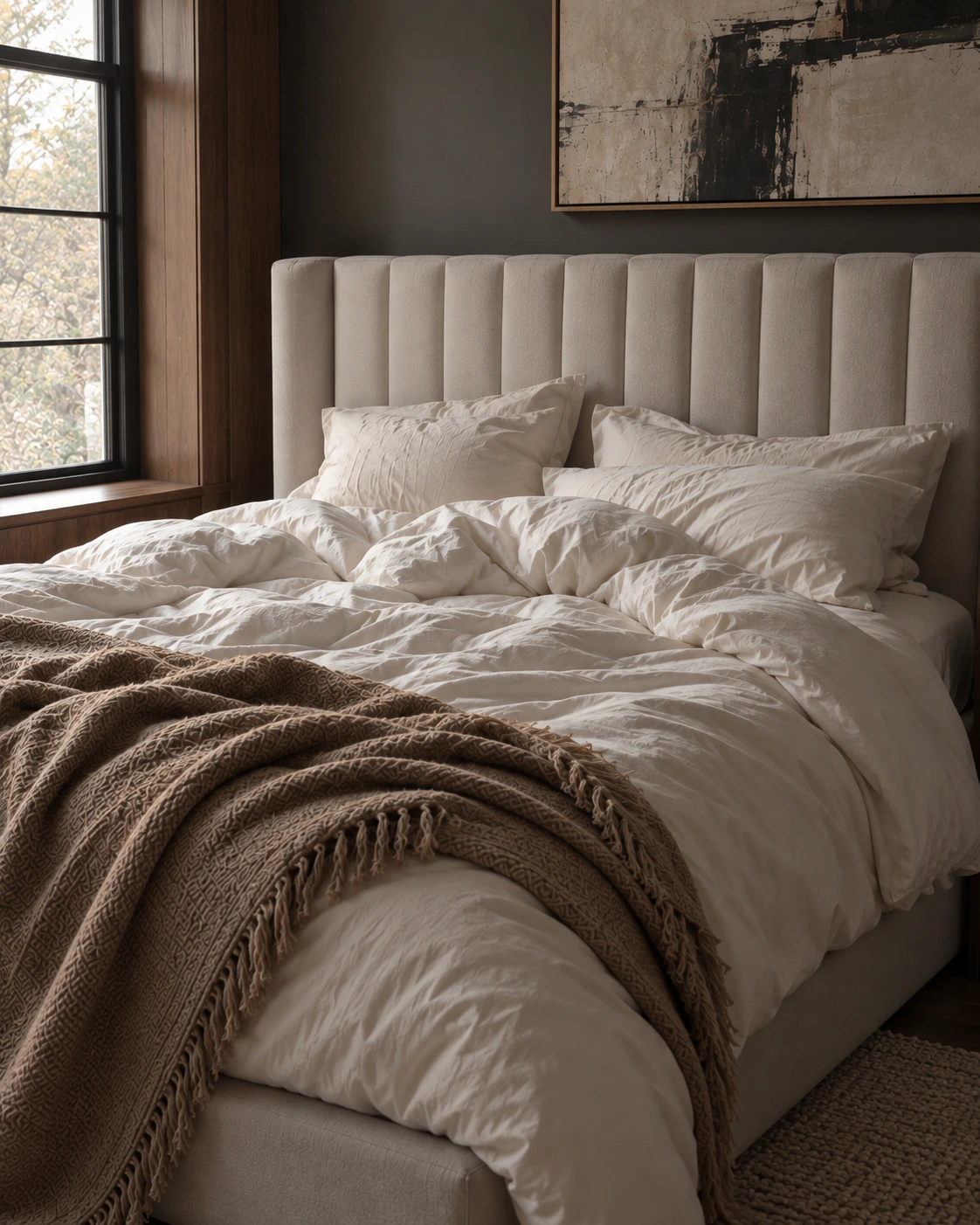 My campaign bedroom with dark oak, ivory linen and warm window light.