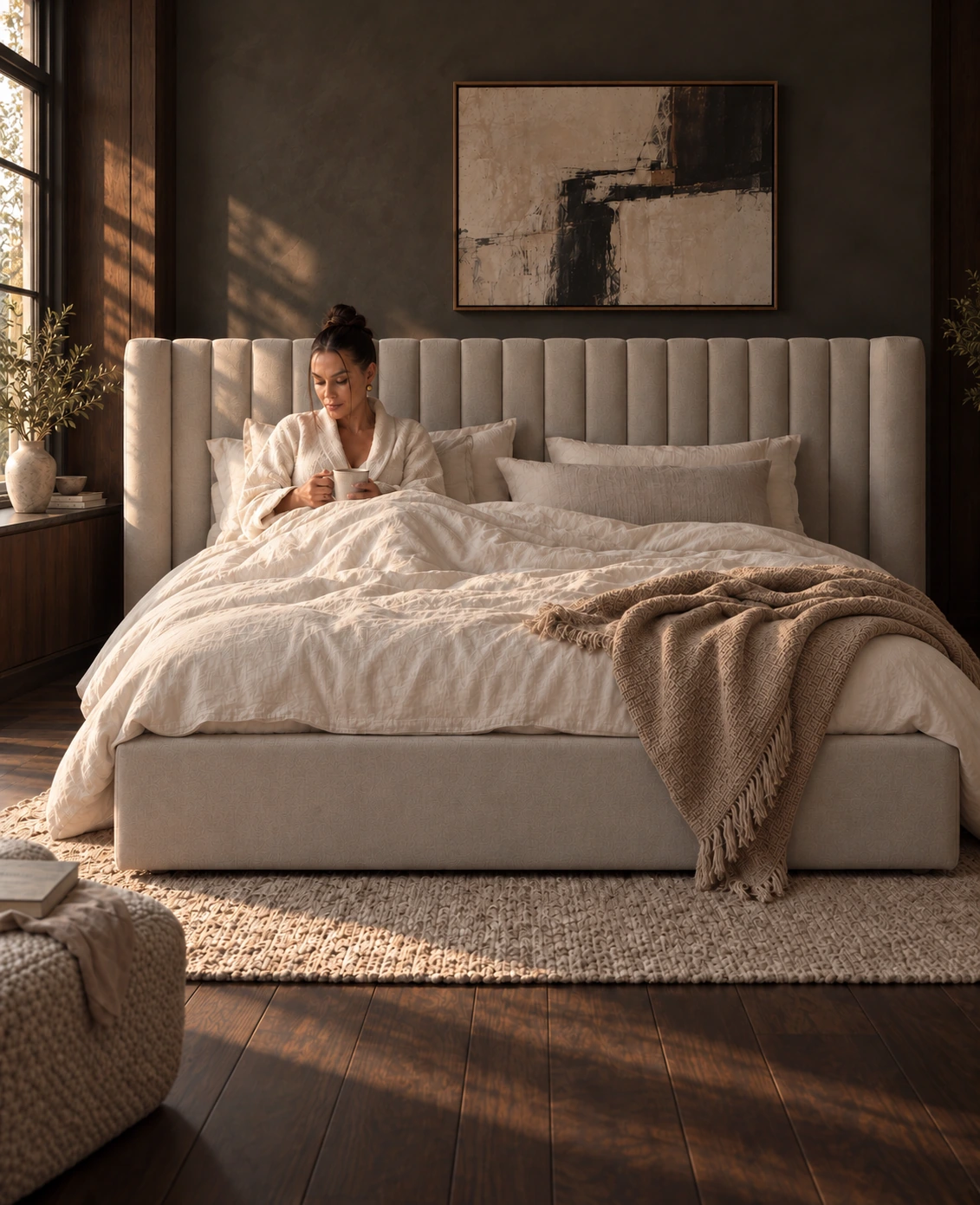 A crop of the textured woven throw on the ivory bed.