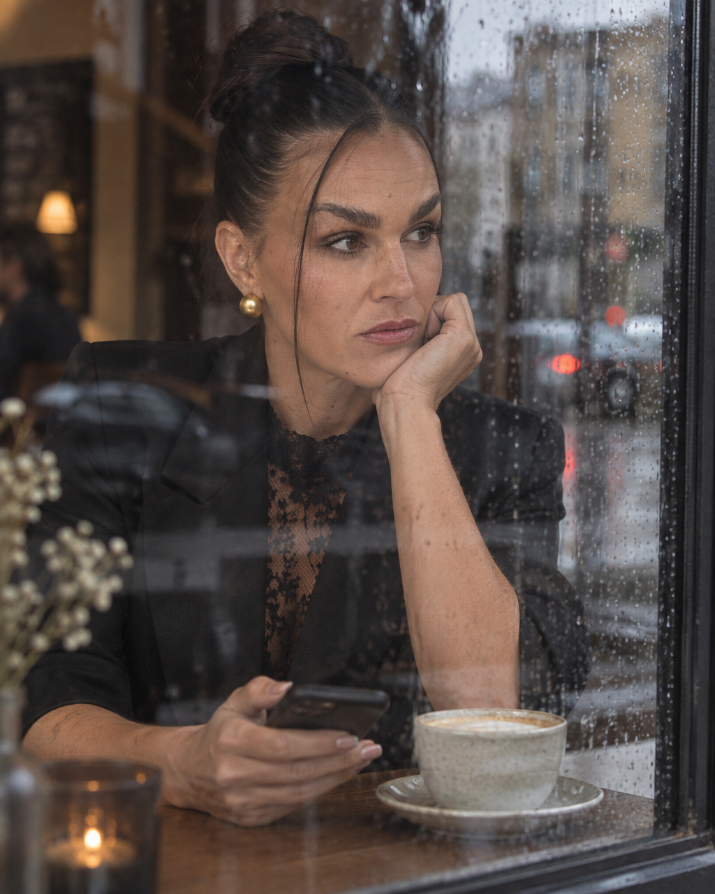 Sandra seated by a café window.